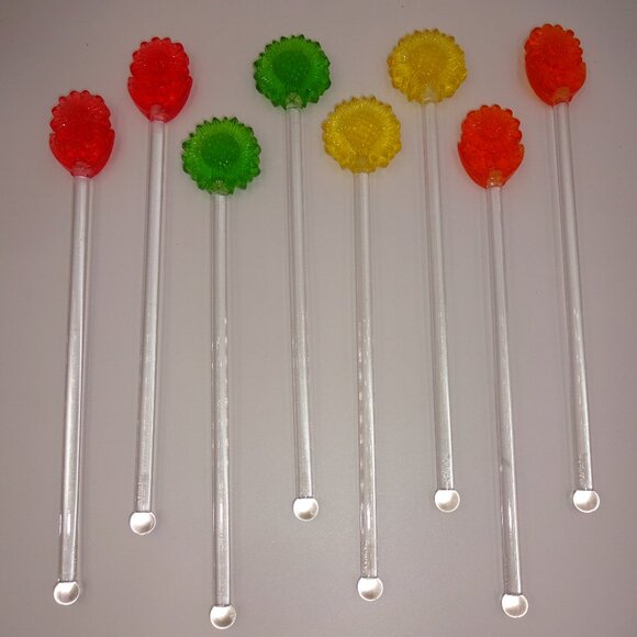 8 Vintage 1960s 1970s Drink Stirrers Flowers Sunflowers Yellow Green Red Taiwan - Picture 1 of 7